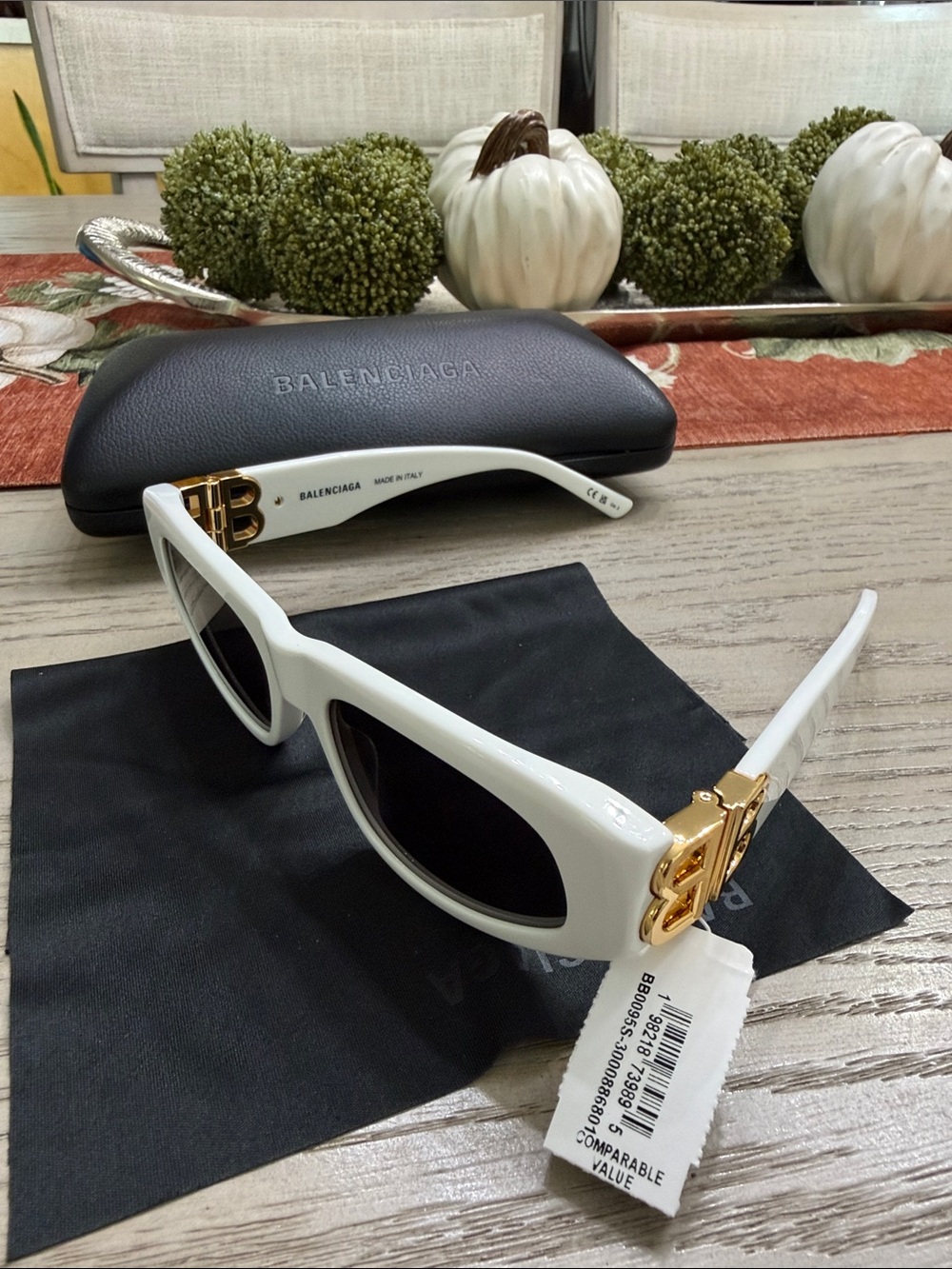 Balenciaga White Rectangle Sunglasses with Gold BB Hardware